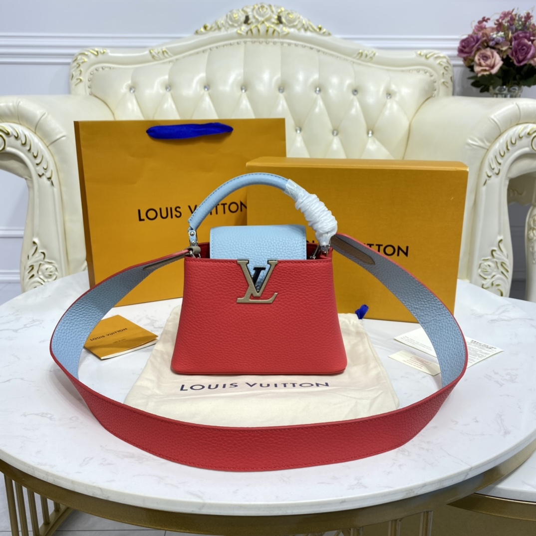 Louis Vuitton CAPUCINES MINI Taurillon Leather Bag M57520 Coral/Olympus Blue